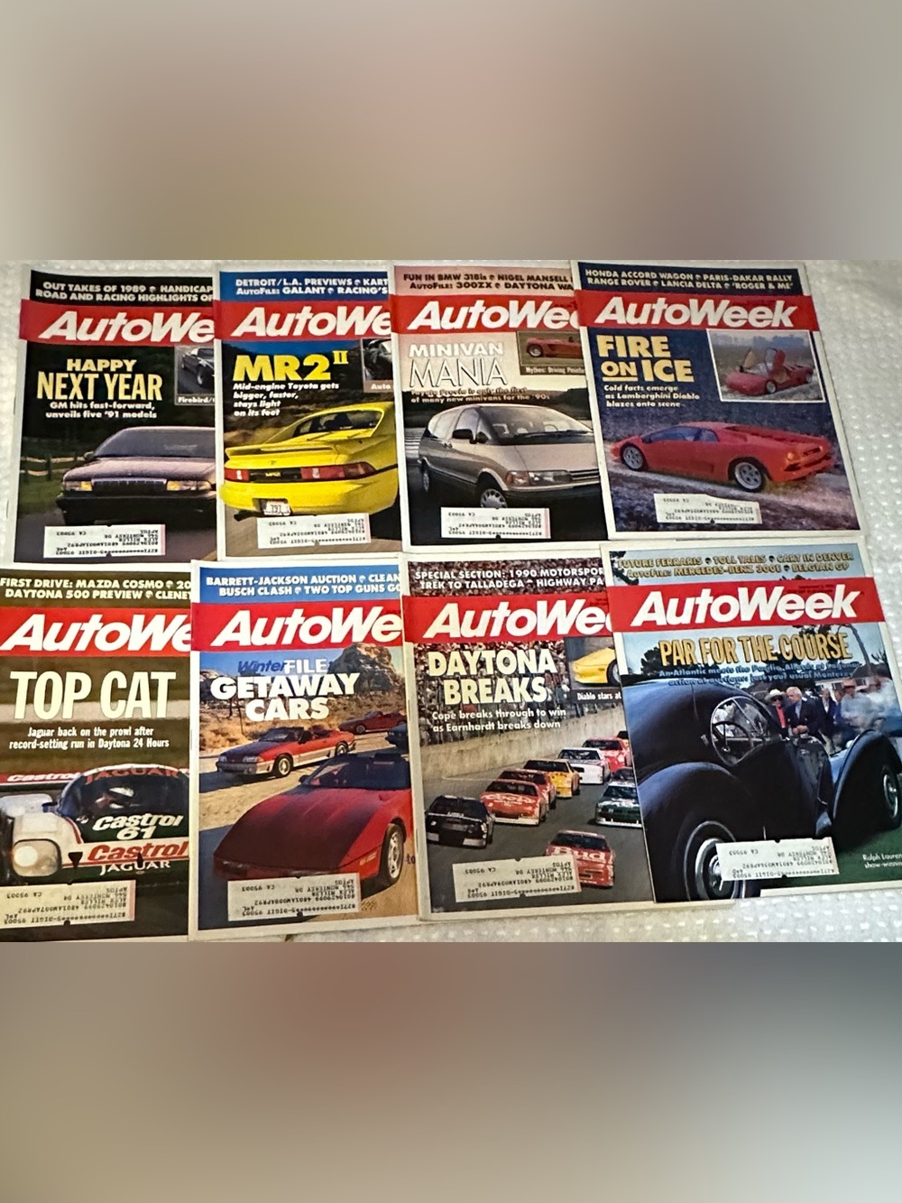 Lot of 8 Autoweek Magazines 1990 GM Minivan MR2 Lamborghini Diablo Daytona USED